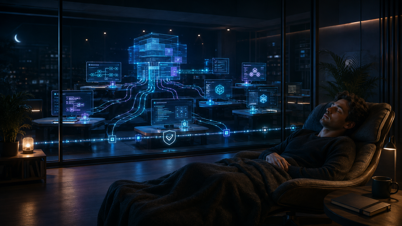 A creator sleeping while a governed network of AI agents continues building overnight